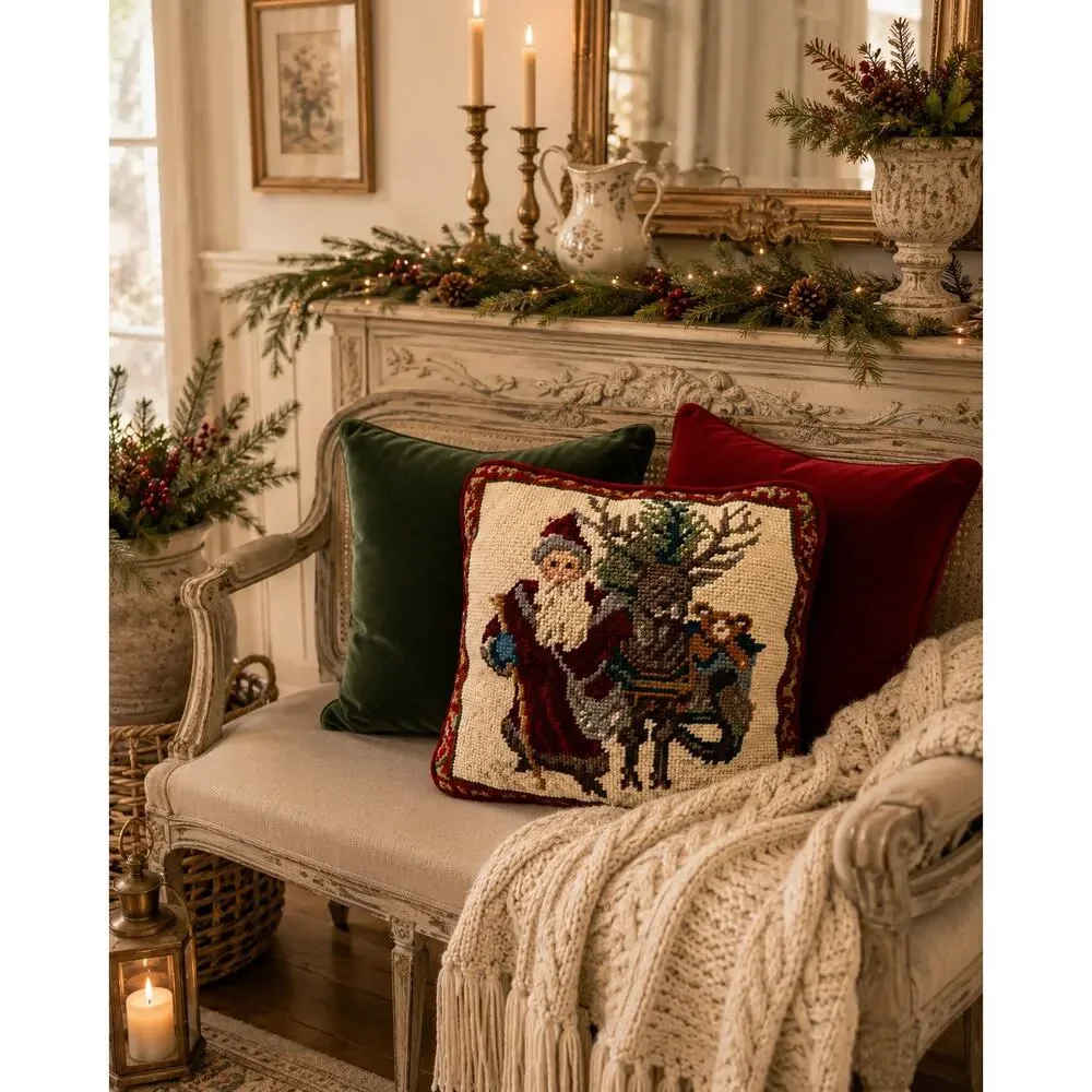 Vintage Christmas Accent Needlepoint Santa & Reindeer Pillow Red Velvet 9x9